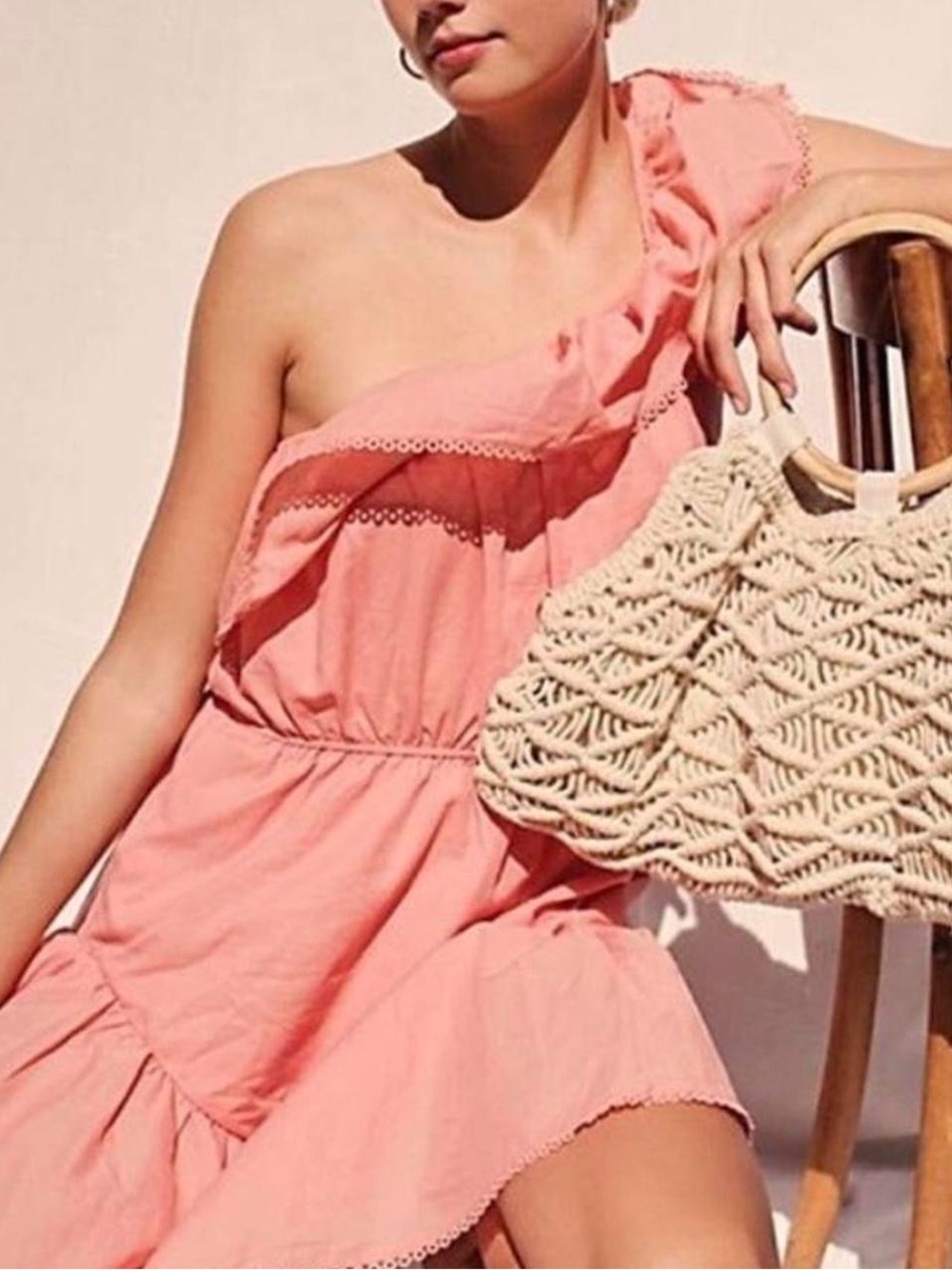 Free People One Shoulder Peach Pink Ruffle Mini Dress XS Boho Asymmetrical